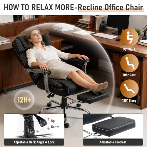 500 lbs Office Chair with Foot Rest, Reclining Executive Chair Black | Big & Tall Computer Desk Chair, PU Ergonomic Lumbar Support, Thicker Pocket Spring Cushion, High Back - color: Black