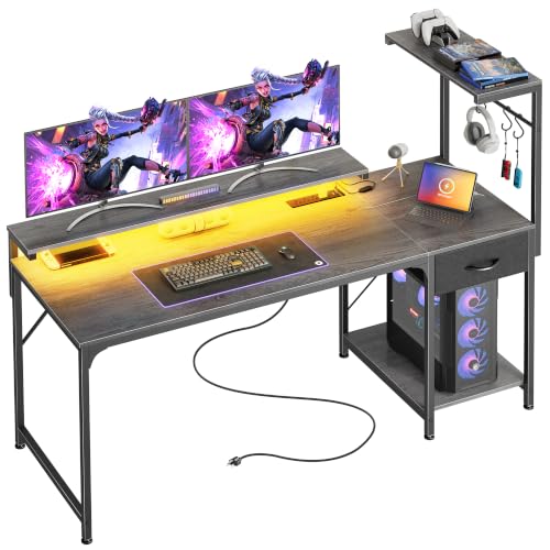 PRAISUN 55.1 Inch Gaming Desk with LED Lights & Power Outlets - color: Grey, size: 55.1 Inch