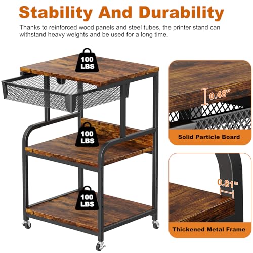Large Printer Stand with Drawer, 3-Tier Industrial Rolling Cart | 5 Adjustable Shelves, Mobile Printer Table for Desk & Home Office, Fits 3D Printer, Scanner and Fax Machine Rustic Brown - color: Rustic Brown, size: Large(19.7"L X 15.7"W X 32.2"H)