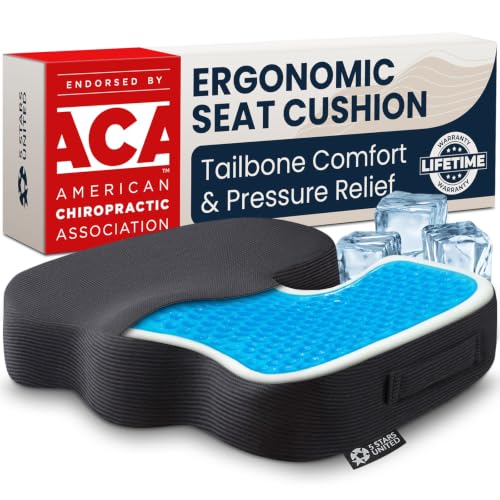 5 STARS UNITED Seat Cushion - Memory Foam & Cooling Gel - Chair Cushion for Tailbone Pain Relief - Ergonomic Support for Coccyx, Sciatica & Butt - Office, Desk & Gaming Chair, Car, Wheelchair, Black - color: Black Arctic, size: Large