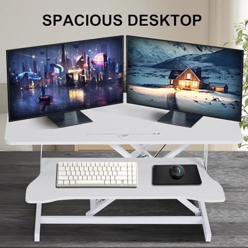 38-inch Standing Desk Converter Height Adjustable Sit to Stand Up Workstation, Duals Monitor and Laptop Riser with Wide Keyboard Tray, for Home, School, Company, White - color: White