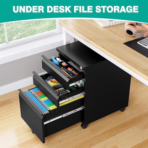 3 Drawer File Cabinet with Lock,Under Desk File Cabinet with Wheels,Black Rolling Filing Cabinets,Three Drawer Metal Filing Cabinet for Home Office,Fit A4/Letter/Legal File,- Assembly Required - color: Black, style: Assembly Required