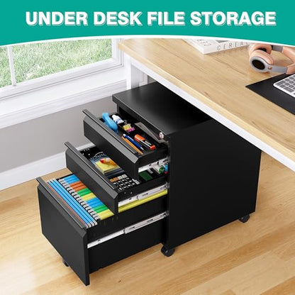 3 Drawer File Cabinet with Lock,Under Desk File Cabinet with Wheels,Black Rolling Filing Cabinets,Three Drawer Metal Filing Cabinet for Home Office,Fit A4/Letter/Legal File,- Assembly Required - color: Black, style: Assembly Required