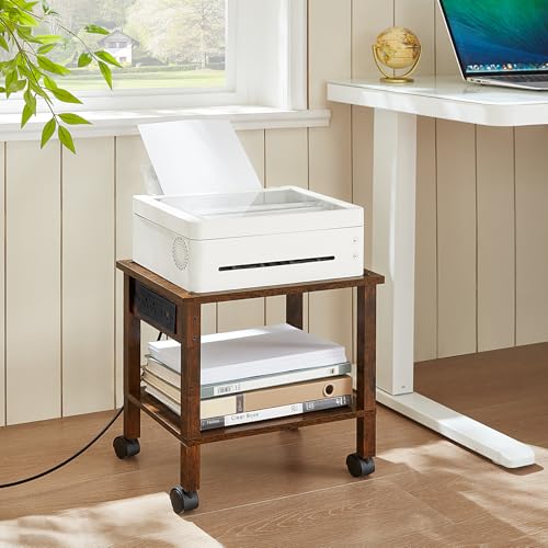 YUFAM 2 Tier Under Desk Printer Stand with Charging Station, Brown | Wooden Small Printer Table for Home Office, Rolling Printer Cart Shelf with Lockable Wheels - color: Brown, size: 11.8"D×15.7"W×15.3"H(With USB)
