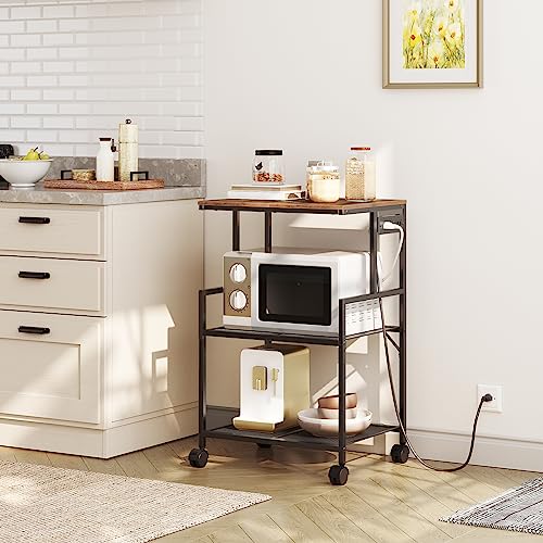 MAHANCRIS Mobile Printer Stand, 3-Tier Industrial Printer Cart with Power Outlets and 2 USB Ports, Rolling Printer Table on Wheels for Home Offices Kitchen Organization Rack, Rustic Brown PTHR78E01 - color: Rustic Brown