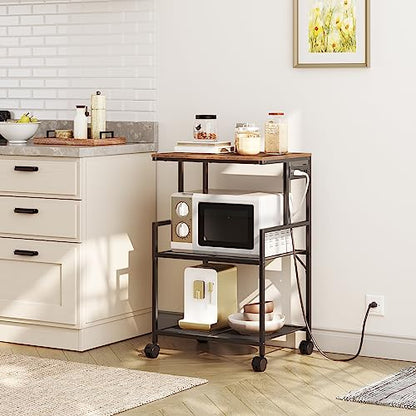 MAHANCRIS Mobile Printer Stand, 3-Tier Industrial Printer Cart with Power Outlets and 2 USB Ports, Rolling Printer Table on Wheels for Home Offices Kitchen Organization Rack, Rustic Brown PTHR78E01 - color: Rustic Brown