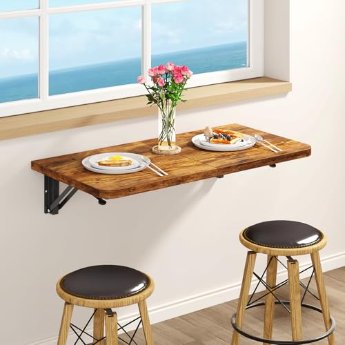 IBUYKE Wall Mounted Folding Table, Floating Wall Desk for Small Spaces, Fold Down Laundry Shelf with Heavy-Duty Brackets, Wall Table for Home Office/Bar/Kitchen/Dining, Rustic Brown UTVT005H - color: Rustic Brown