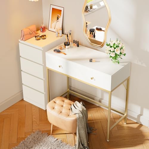 SUPERJARE 31.5" White and Gold Desk with 2 Drawers, Modern Vanity Desk - color: White and Gold, size: 31.5 inch