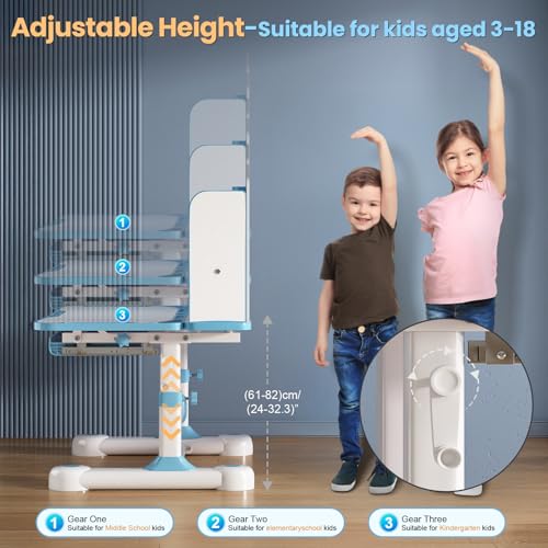 Kids Desk and Chair Set- 3-12 Height Adjustable Ergonomic Art Desk | School Study Desk, 50° Tiltable Desktop, Easy-Turn Crank, Storage Drawer & Built-in Bookstand for Children Boys & Girls - color: 015-blue-31.5in