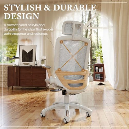 GABRYLLY Ergonomic Office Chair, High Back Home Desk Chair with Flip-Up Arms, Headrest, 90-120° Tilt and Wide Cushion, 300LBS White Mesh Chair for Work Gaming Study (GY01-NT, Woodgrain Pattern) - color: White Frame Moon Grey Mesh