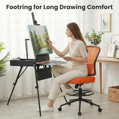 Armless Drafting Chair Tall Office Chair for Standing Desk - Adjustable Height Mesh Ergonomic Stool with Foot Ring, Rolling Counter Height Computer Chair for Small Spaces & Home Office - color: Orange