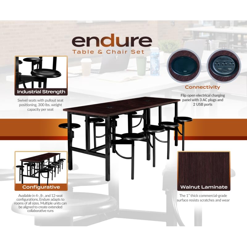 Romig Endure Standing Height Collaborative Table and Chair Set with 8 Pull-Out Swivel Stools, Walnut Top, Built-in Power Outlets and USB Charging, Classroom Training Table - color: Walnut, size: 8 Seater
