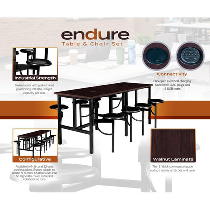 Romig Endure Standing Height Collaborative Table and Chair Set with 8 Pull-Out Swivel Stools, Walnut Top, Built-in Power Outlets and USB Charging, Classroom Training Table - color: Walnut, size: 8 Seater