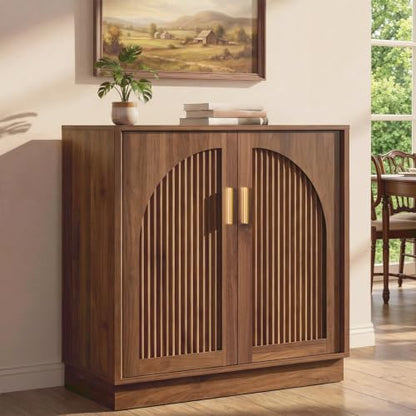 31.5" Fluted Sideboard Cabinet with Arched Doors, Buffet Cabinet, Walnut - color: Walnut