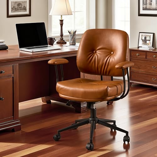 Leather Home Office Chair, Mid Back Ergonomic Desk Chair with Lumbar Support, Mid Century Modern Deep Seat Swivel Rocking Computer Chair, Brown - color: Brown,pu Leather, size: Big Mid Back