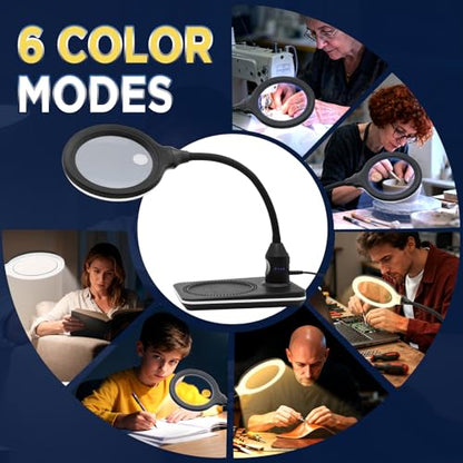 Rechargeable Magnifying Glass with Light and Stand for Reading & Close Work | Dual 15X/30X Lens • 3600mAh Rechargeable • 4.1" Lens • 6 Lighted Modes • Adjustable Brightness • Flexible Gooseneck
