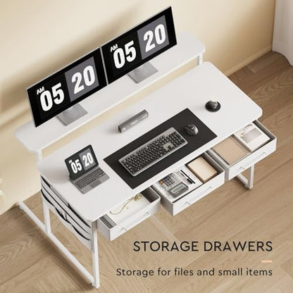 Maihail Computer Desk with Drawers, 47.2X15.8-22.9 Inches Office Computer Desk with Side Pocket & Ergonomic Monitor Stand, Writing Table for Small Spaces, Bedroom, White