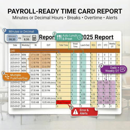 App-Controlled Time Clock with 5s Fast Connection, Edit Records, Set Rules & Run 4 Reports, No Monthly Fee, Fingerprint Time Clock for Employees Small Business, 10 IC Cards
