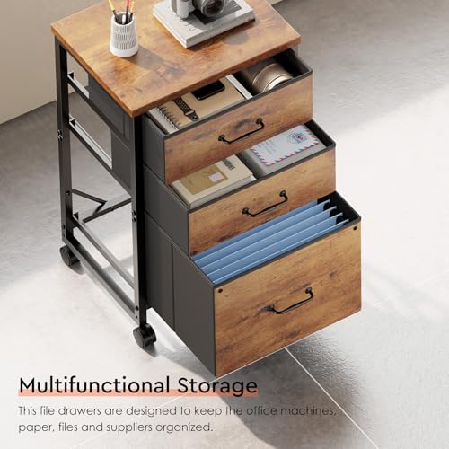 Maihail 3 Drawer File Cabinet with Wheels with Open Storage Shelf, Rustic Brown2 - color: Rustic Brown2