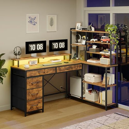 L Shaped Computer Desk with Drawers, 53'' Gaming Desk with Storage Shelves, Corner Computer Desk with Power Outlets & LED Light, Home Office Desk with Monitor Stand and Pegboard, Rustic Brown