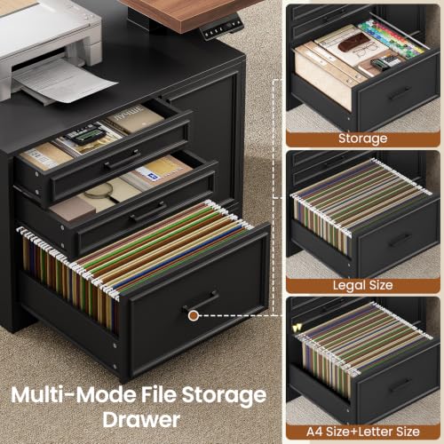 SEDETA Farmhouse L Shaped Electric Standing Desk with File Cabinet, 77 x 55'' Height Adjustable Home Office Computer Desk with 6 Drawers, Power Outlet, Sit Stand Desk, Black - color: Black Brown