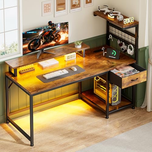 EnHomee 48" Computer Desk with Drawer & Storage Shelves for Bedroom & Dorm - color: Rustic Brown, size: 48" W