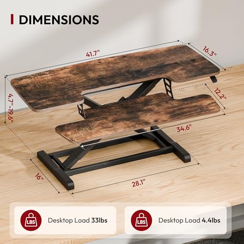 SANODESK 42" Extra Large Standing Desk Converter, Effortless Lift Sit-Stand Riser, Heavy Duty Multi-Device Workstation, Spacious Ergonomic Desktop Riser, Rustic Brown - color: Rustic Brown, size: 42"