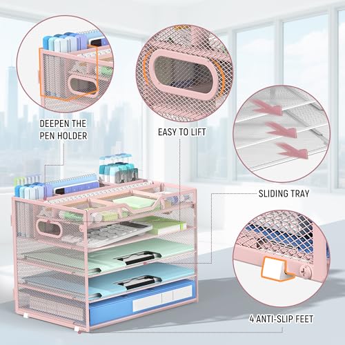 Docnest 5 Tier Mesh Desk Organizer with Removable Tray&Pen Holder, Pink - color: Pink, size: 12.6"x9.1"x10.3"