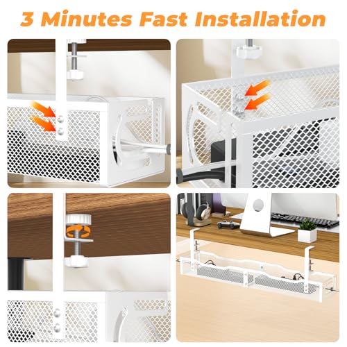 Under Desk Cable Management Tray, No Drill Steel Desk Cable Organizers, Wire Management Tray Cable Management Rack (24.4" Length-White) - color: 1 Pack-24.4"-White