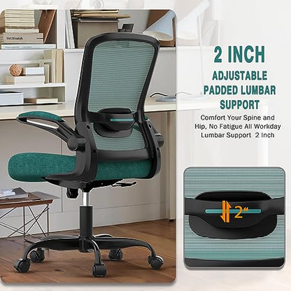 Ergonomic Office Chair w/Adjustable Lumbar, Flip Armrest, 135° Recline - color: Green