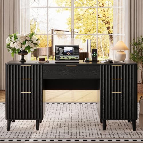 55.1" Fluted Executive Desk with Drawers, Wood Computer Desk with Storage Cabinet, Home Office Desk with Charging Station, Farmhouse Desk with File Cabinet for Office Home - color: Black With 4 Legs