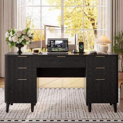 55.1" Fluted Executive Desk with Drawers, Wood Computer Desk with Storage Cabinet, Home Office Desk with Charging Station, Farmhouse Desk with File Cabinet for Office Home - color: Black With 4 Legs