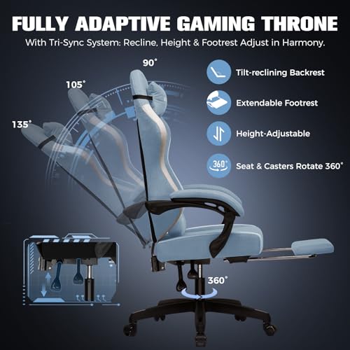 GTPLAYER Gaming Chair, Ergonomic Computer Chair with Footrest and Lumbar Support, High Back Recliner Chair 350lbs, Height Adjustable for Home Office, Light Blue - color: Light Blue