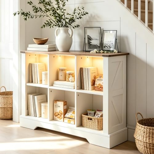 6 Cube Storage Organizer, Wood Cube Bookshelf with LED Lights, Horizontal Storage Cubes, Kids Bookshelf, Display Cabinet Cubby Shelf for Living Room Home Office Bedroom, White - color: White, size: 6