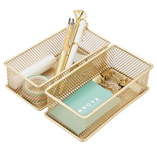 Annova Mesh Stackable Drawer Cabinet and Shelf Organizer Bins Storage Basket School Office Supply Holder Tray- Set of 2 (Gold, 3x6x2 Inch) - color: Gold, size: 3x6x2 Inch