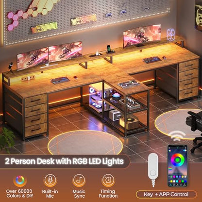 SEDETA 95" 2 Person Gaming Desk with 8 Drawers Storage Shelves,Rustic Brown | Double T Shaped Office Desk with LED Lights, Power Strip with USB & Monitor Stand for Home Office, Bedroom - color: Rustic Brown