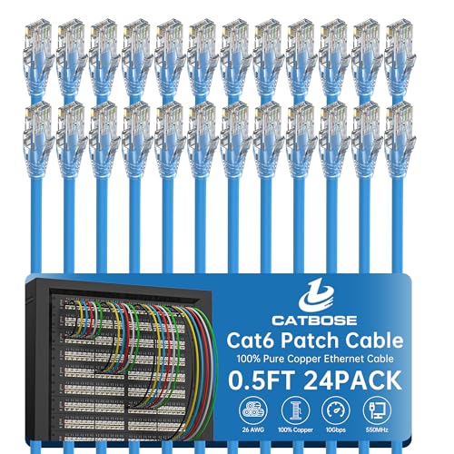 0.5 Foot Cat6 Patch Cables(24 Pack), Solid Pure Copper Patch Cord, Cat 6 Ethernet Cable, UTP Network, High Speed RJ45 Internet Cables, Compatible for Router, Switche, PC, Server, PS4/5, Xbox - Blue - color: Blue, size: 0.5FT, style: 24 Pack