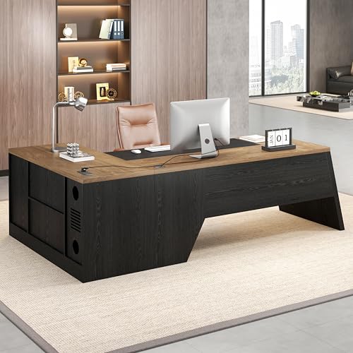 L-Shaped Executive Desk with Drawer, Oak Black | 78Inch Large Home Office Desk, Large Modern Home Office Desk, Big Wooden Business Furniture for CEO Boss - color: Oak