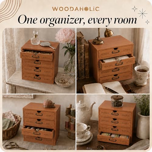 Modular Stackable Apothecary Cabinet 4 Drawer Desk Organizer - Retro Library Card Catalog Wood Storage Box - Organize Stationery, Thread Embroidery, Sewing, Crafts, Junk Drawer & Supplies Countertop - size: 4 Drawer