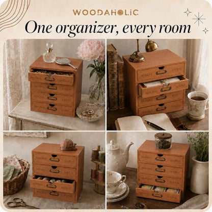 Modular Stackable Apothecary Cabinet 4 Drawer Desk Organizer - Retro Library Card Catalog Wood Storage Box - Organize Stationery, Thread Embroidery, Sewing, Crafts, Junk Drawer & Supplies Countertop - size: 4 Drawer
