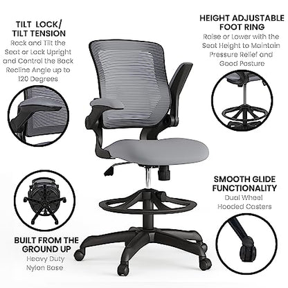 EMMA + OLIVER Mid-Back Gray Mesh Drafting Chair - color: Dark Gray