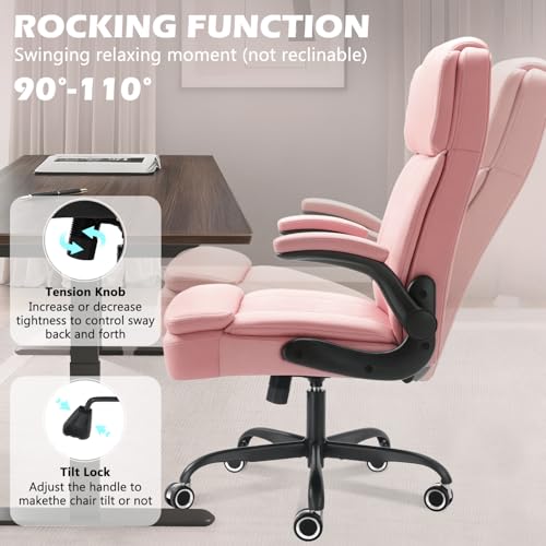 450 LBS Big and Tall Executive Office Chair with Flip up Arm, Heavy Duty Leather Computer Desk Chair,Comfortable High Back Swivel Home Office Chair with Rolling for Adults (Pink) - color: Pink