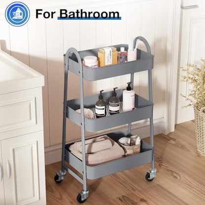 DUMOS 3 Tiers Rolling Cart, Utility Cart, Storage Organizer | Metal Lockable Wheels, Mobile Shelving Unit, Kitchen, Office, Bathroom, Laundry, Narrow Places, Gray - color: 3 Tiers Gray