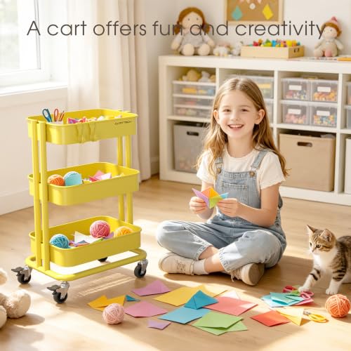 3 Tier Rolling Cart Metal Utility Cart with Lockable Wheels Home Office - color: Yellow, size: Small