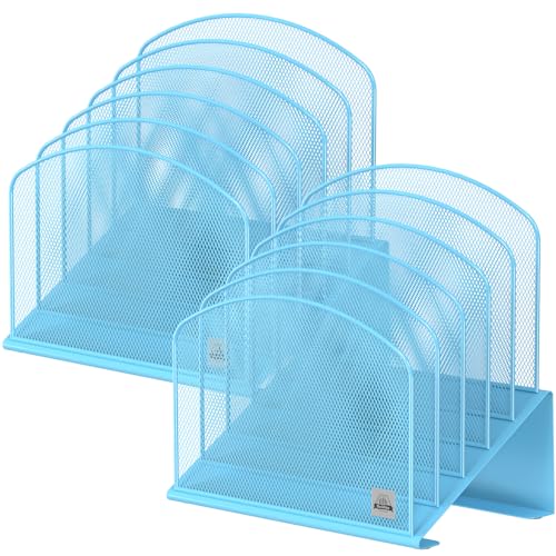 Delifox Inclined Desk File Organizer,Vertical File Folder Holder Stand Metal Rack File Sorter for Office Classroom Desktop Organization (2, Blue, 5) - color: Blue, size: 2Pack