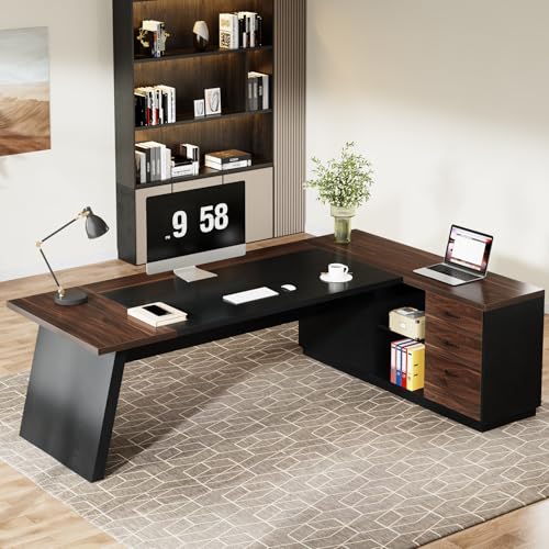 Tribesigns 78" L-Shaped Executive Desk, Large Office Desk with Drawers and File Cabinet, Modern Business Furniture for Home Office (Walnut & Black) - color: Walnut & Black