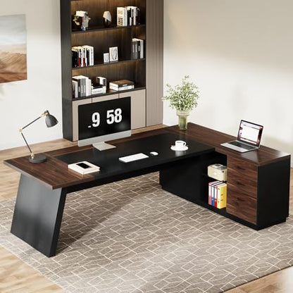 Tribesigns 78" L-Shaped Executive Desk, Large Office Desk with Drawers and File Cabinet, Modern Business Furniture for Home Office (Walnut & Black) - color: Walnut & Black