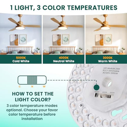 5.1inch Ceiling Fan LED Light Replacement, 24W 2100Lm Ceiling Fan Light kit,3CCT 3000K/4000K/5000K Dimmable LED Engine Retrofit kit for Ceiling Light, Pendant-1Pack