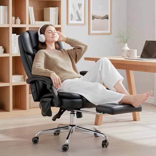 Massage Office Chair with Footrest, High Back Executive Chair, Ergonomic Desk Chair with Removable Pillow, 2 Lumbar Massage Points, Reclining, Leather Computer Chair, Black - color: Ocs10-black