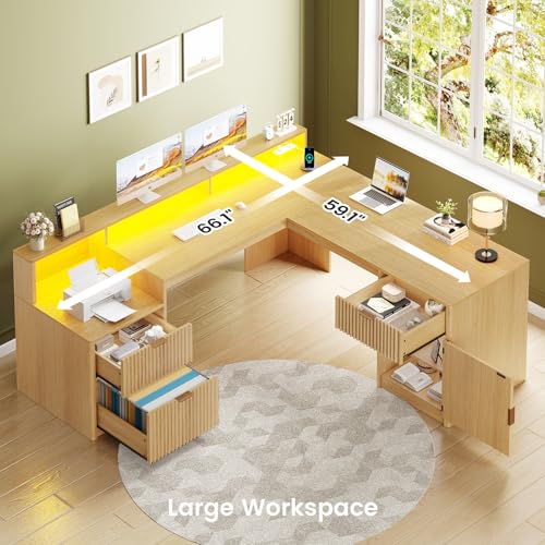SEDETA 66" Modern L Shaped Desk with Drawers, Fluted Home Office Desk with File Cabinet and Printer Shelf, Wood Executive Desk with Monitor Stand, Power Outlets, Led Lights, Oak - color: Oak, size: L Shaped Desk